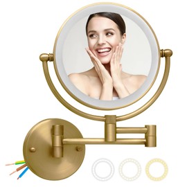 Wall Mounted Makeup Mirror with Light and Magnification, 7W Higher Brightness and Dimmable 1X/10X Double Sided Wall Magnified Mirror, Extending Vanity Mirror for Bathroom, Antique Brass Direct Wire