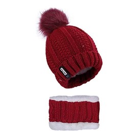 Women's Winter Hat Scarf Set Tube Scarf Hats Hats with Faux Fur Bobble Pom,Claret, black