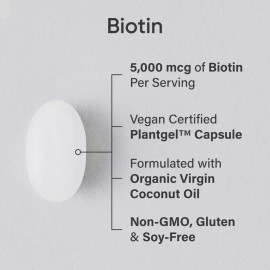 Vegan Biotin 5000mcg+ Coconut Oil Extra Strength Hair Vitamin 30 Veggie Softgels