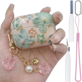 Oil Retro Painting Flower Cover for AirPods Pro Case 2nd 1st Generation Case Floral 2019/2022, Flower Pendant, Colorful Soft Full Protective Accessories Set for AirPods Pro 2 Case for Girls Women Pink