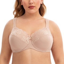 CASOLACE Women's Minimizer Cushion Strap Plus Size Full Coverage Lace Unlined Bra Beige 44DD