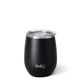 Swig Life 14oz Triple Insulated Stainless Steel Stemless Wine Tumbler with Slider Lid, Dishwasher Safe, Vacuum Insulated Travel Wine Glass in Matte Black (Multiple Patterns Available)