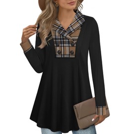 Bebonnie Womens Fall Fashion 2024, Womens Long Sleeve Casual Collared Sweatershirts Pullover Tunic Tops with Buttons Hide Belly Shirts Business Outfit Black Coffee L