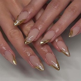 Almond Press on Nails Gold Fake Nails French Tip False Nail Press ons with Design Reusable Artificial Nail Full Cover Glossy Glue on Nail Stick on Nails for Women Manicure 24 Pcs