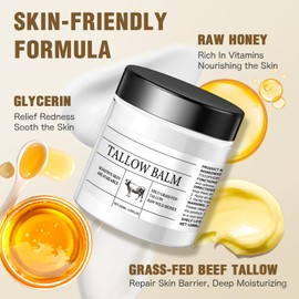 Organic Grass-Fed Beef Tallow for Skin, Whipped Tallow And Honey Balm, Beef Tallow for Face, Deep Moisturizing For Face Cream, Unscented- Natural Skin Care for Sensitive Skin(4 Fl. Oz.)(White, 1PC)