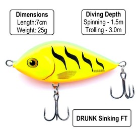 EVERBAY DORADO Wobbler Fishing Lure - Artificial Hard Crankbait - Fishing Tackle, Topwater Life-Like Swimbait for Perch Pike Zander Catfish Chub Barbel Trolling in Freshwater, Sinking - DRUNK 7cm FT