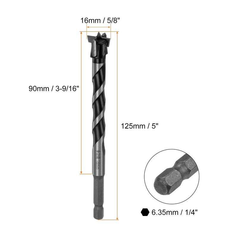 sourcing map Forstner Drill Bit 16mm (5/8") Dia 125mm (5")