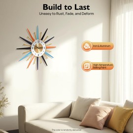 Mahugde 22 Inch Vintage Sunburst Wall Clock Colorful Modern 3D Hollow Small Wall Clock, MidCentury Decor for Home Living Room Office and Bedroom