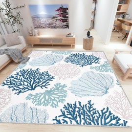 Coastal Area Rug Beach Rugs Non-Slip Nautical Coral Machine Washable Rugs Modern Floor Carpet for Bathroom Laundry Bedroom Living Room, 8x10