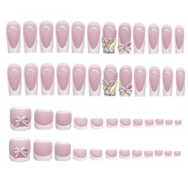 48Pcs Butterfly Press on Nails and Toes Matching Set Square Fake Nails Cute Bow Design Stick on Nails White French Tip False Toenails Summer Acrylic Glue on Toenails for Women Nail Art Decoration