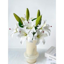 RUZUQE YalzoneMet - 2 piezas de 6 cabezas de flores artificiales de lirio blanco Stargazer, tallos de 28 inch de largo, flores falsas de látex de tacto real, 4 brotes de lirio de seda sintética