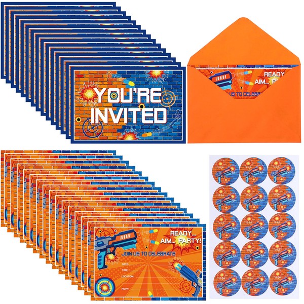 30 Pcs Dart Party Invitations Happy Birthday Invitation for Boys Dart Party Favors Boys Birthday Party Cards with Gun Stickers Dart Game Themed Birthday Party Supplies 6 x 4 Inches
