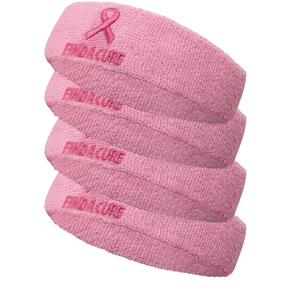 Couver Breast Cancer Awareness Terry Solid Color Headband / Sweatband - 4 Pieces(Light Pink with Ribbon & Find A Cure)