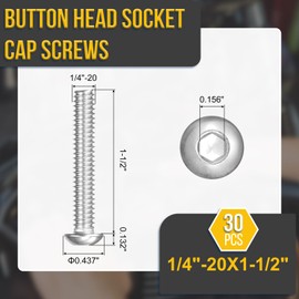 DTGN 1/4"-20x1-1/2 Button Head Socket Cap Screws - 30Pack - Good for Road Bicycle, Mountain Bike, Auto, Motorcycle - 304 Stainless Steel Whitewashed - Hex Drive Fasteners