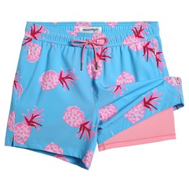maamgic Mens Swim Trunks with Compression Liner 5" Stretch Athletic Swimming Shorts Quick Dry with Zipper Pockets No-Chafing Board Shorts Blue-Pink Pineapple Medium