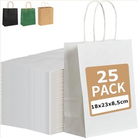 PAKNOR PAKNOR® 25stk Weiß Papiertüten mit Henkel - 18 x 21 x 8 cm, Papiertragetasche mit Kordelgriff, Geschenktüten, Kraftpapiertüte, DIY Adventskalender (Weiß - 25 Stück)