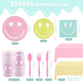 Kochorie 254 Pcs Preppy Smile Face Party Supplies Pastel Tableware Set