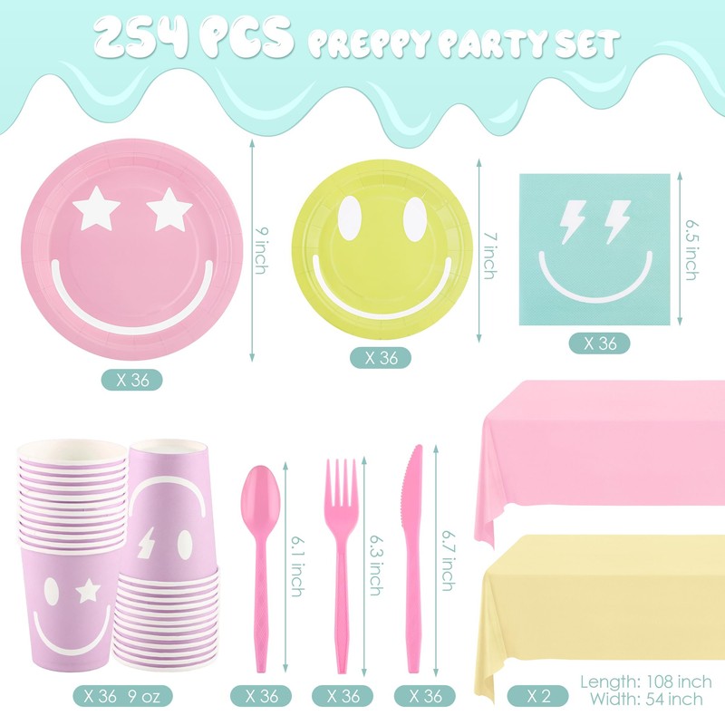 Kochorie 254 Pcs Preppy Smile Face Party Supplies Pastel Tableware