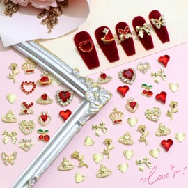 RODAKY 52PCS Red Valentines Heart Nail Charms Gold Cherry Flowers Nail Art Rhinestone and Charms Y2K Nail Charms Butterfly Bows Charms for Nails Metal Nail Rhinestones Jewelry for Manicure DIY Design