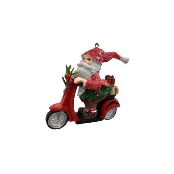 OnHoliday Santa Gnome on Red Electric Scooter with Presents Hanging