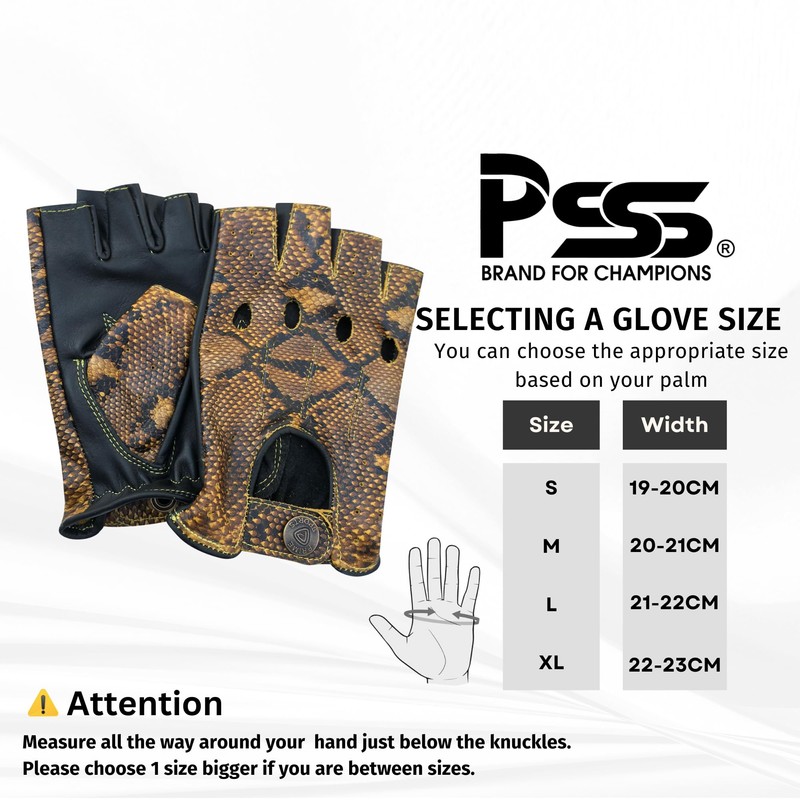 Fingerless Half-Finger Premium Driving/Cycling/Motorcycle Gloves in Real Leather 309, snake-black-yellow