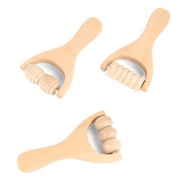 3 Stück Massageroller Holz mit Griff Faszienrolle Holz Triggerpunkt Maderotherapie set Anti Cellulite Massage Roller für Nacken Schulter Beine Füße Gesicht Rücken