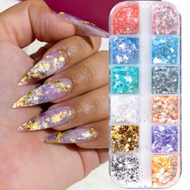 Iridescent Glitter Nail Art Sequins Holographic 3D Irregular Ultra Thin Nail Art Glitter Flakes Design Shiny Mermaid Nail Glitter Slices Resin Acrylic Supplies for Women Girls Manicure Decorations