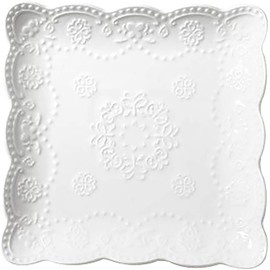 YBK Tech Elegant Square Embossed Lace Plate, Ceramic Serving Plate for Breakfast Afternoon Tea (White, 6-inch)