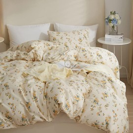 HighBuy Yellow Floral Comforter Set Queen Botanical Bedding Comforter Set for Queen Bed Women Girl Garden Bohemian Floral Comforter with 2 Pillowcases,Garden Style Bedding Sets