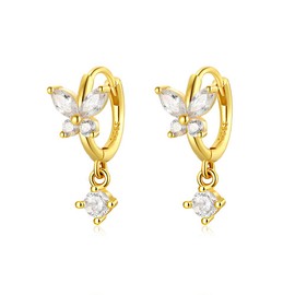 Mini Huggie Hoop Earrings With Dangle Charm 925 Sterling Silver Gold Tiny Small Cz Cubic Zirconia Butterfly Flower Dangling Hoop Earrings, Cubic Zirconia, Cubic Zirconia