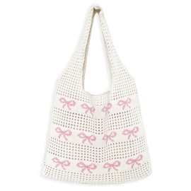 Crochet Bags for Women, Bow Aesthetic Crochet Tote Bag, Handmade Summer Beach Bag Boho Shoulder Bag for Travel, Shopping and Daily Use