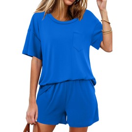 Ekouaer Women's 2 Piece Pajama Sets Short Sleeve Lounge Sets Soft Round Neck Top and Shorts Sleepwear Blue, Small