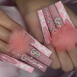 DOUBNINE Press On Nails Long Coffin Pink Heart Dollar Rhinestone Pom Pom Faux Fox Fur Glossy Silver Glitter French Tip Full Cover Fake Nails Acrylic Stick On Nails for Women