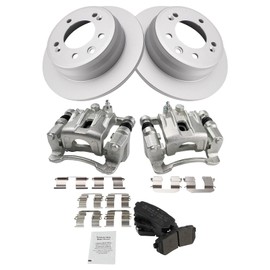 TRQ Rear Brake Pad & Rotor Kit Brake Caliper Brake Pads Brake Rotor Semi-Metallic Solid Premium G-Coated Compatible with 2010-2015 Hyundai Tucson 2011-2016 Kia Sportage