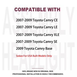 2PCS Headlights Assembly For 2007 2008 2009 Toyota Camry CE LE XLE SE Base Sedan US Built Models Replacement Headlamps Driver and Passenger Side Chrome Housing Amber Reflector