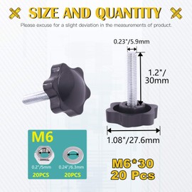 Mardatt 20 Sets M6x30mm Star Knobs Male Thread Clamping Knob Screw Hand Tightening Knob Quick Removal Replacement Parts with 304 Stainless Steel Hex Nuts and Flat Washers