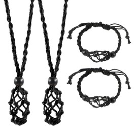 Aiyorse 4 PCS Crystal Cage Necklace and Bracelet Cord Holder, Empty Stone Holder Replacement Empty Necklace Stand with Adjustable Length Hand-Woven Cord for DIY Jewelry Making (Black)