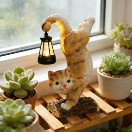 Solar Powered Orange Cat with Vintage Lantern,Cute Kitten Upside Down on Wood Stump,Outdoor Garden Night Light for Patio PathwayColor: As picture, Size: One Size