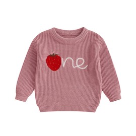 Geagodelia One Birthday Baby Jumper My First Birthday Sweaters Long Sleeve Strawberry One Embroidery Knit Jumpers Spring Pullover Top (Purple, 12-18 Months)