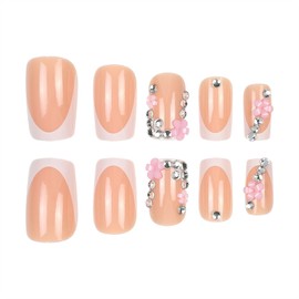 SINHOT Square Press on Nails Medium Fake Nails Glossy Glue on Nails Pink Flower Acrylic Nails Silver Bling Glitter Squoval Artificial Nails French Tip Stick on False Nails with Design 24 pcs