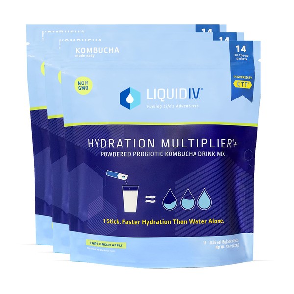 Liquid I.V. Hydration Multiplier+ Powdered Probiotic Kombucha, Hydration Plus Probiotics, On-The-Go Digestive Support - Tart Green Apple - 42 Sticks