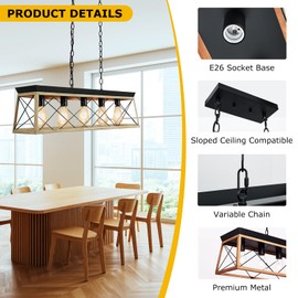 Dining Room Light Fixture/Chandelier Over Table, 5-Light Kitchen Island Lighting Hanging for Farmhouse Linear Chandeliers Matte Black Rustic Wood Pendant Ceiling Light Fixtures