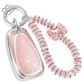 CTRINEWS for Chevy Key Fob Cover with Fashionable Zirconia Wristlet KeyChain, Enchanting Diamond Patterns Soft Case for Malibu Equinox Blazer Cruze (5 Buttons) Shell (Pink, B)