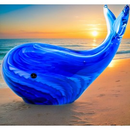 vskikris Blue Glass Whale Figurine Collectibles Hand Blown Art Glass Whale Sea Animal Paperweight Home Table Decor Gifts for Daughter Women Mom Gifts