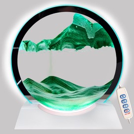 Akaco Sand Art Liquid Motion with Light White Wood Base Moving Sand Art Round Glass Flow Sand Painting 3 Color Changing Deep Sea Sandscape Table Lamp for Desk Toys Home Decor Creative Gift(Green)