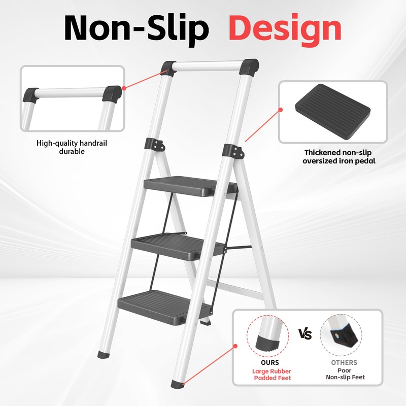 3 Step Ladder, DIAMONDFORGE Folding Step Stool with Wide Anti-Slip
