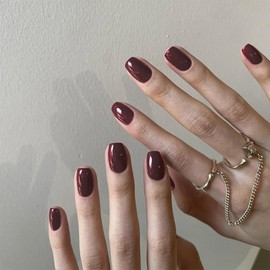 24pcs Short Round False Nails Burgundy Stick on Nails Press on Nails Removable Glue-on Nails Full Cover Fake Nails Valentines Day Women Brides Nail Art Accessories