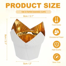 uxcell 100 Pcs Tulip Baking Cups Cupcake Muffins Liners Aluminum Foil Paper Greaseproof Wrappers for Weddings Birthday Party Festivals Christmas, Gold/White