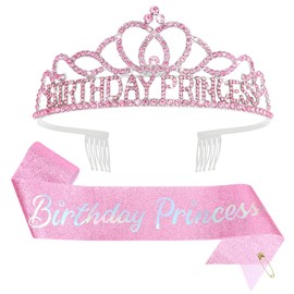 CAVETEE Birthday Princess Crowns for Women Birthday Princess Sash and Tiara for Girl Women Birthday Party Decorations for Girl Gifts Set Birthday Sash and Crown for Women (Pink)