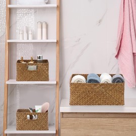 IGNPION Set of 3 Seagrass Opened Storage Basket Living Room Decorative Basket Woven Wicker Towel Baskets with 2 Sizes, Bathroom Storage Organiser Box, Shelves & Desks Multipurpose Storage Hamper